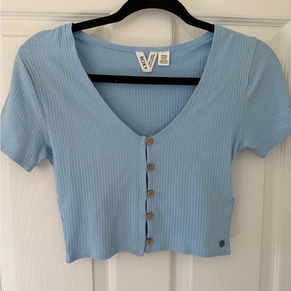 Roxy Light Blue Ribbed Button-Front Crop Top